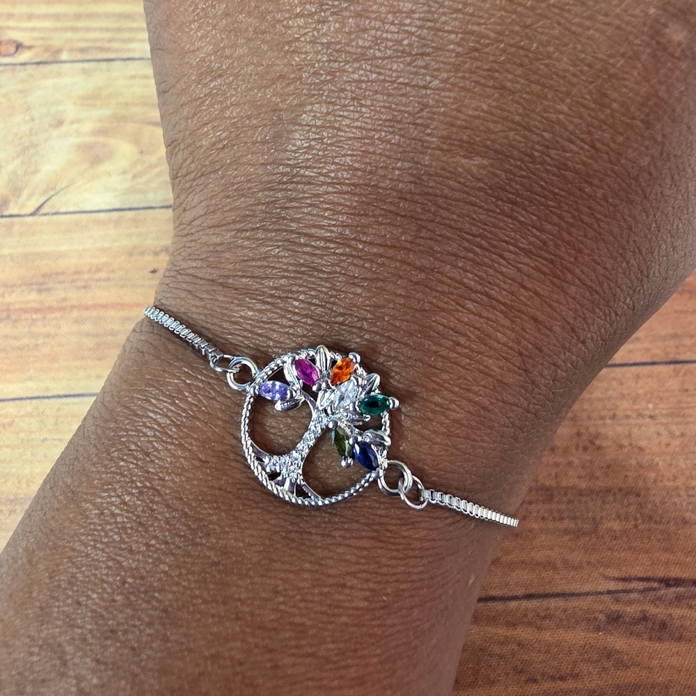 Sparkling Silver Tone Tree of Life Bracelet Rainbow Gemstones Adjustable